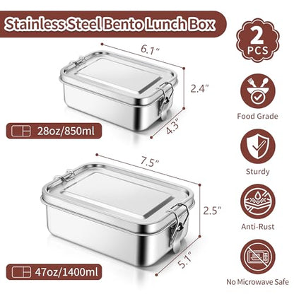 TeamFar 2 Pack Stainless Steel Bento Box, 28 & 47oz Metal Lunch Box | 3 Compartments for Adults/Kids, Lunch Food Containers for School/Work/Meal Prep, Leak-Proof & Dishwasher Safe, 850ML+1400ML - size: 850ML+1400ML