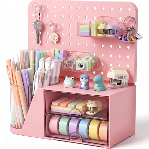 Novabright Desk Organizer with Drawers, Rotating Pen Holder with 5 Slots & Pegboard, Back to School & First Day of School Gifts, Multifunctional Desktop Storage for Desk Home Office Supplies(Pink)