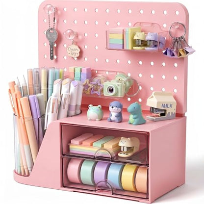 Novabright Desk Organizer with Drawers, Rotating Pen Holder with 5 Slots & Pegboard, Back to School & First Day of School Gifts, Multifunctional Desktop Storage for Desk Home Office Supplies(Pink)