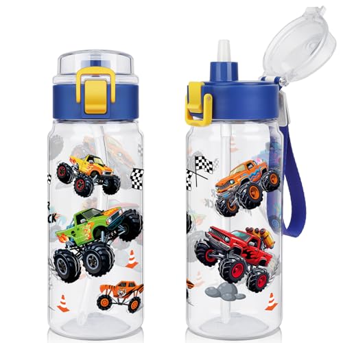 Tritan Kids Water Bottle for School, 18.6 oz Leakproof 2-in-1 Toddler Water Bottle with a Pop-up Detachbale Straw, Dishwasher Safe (Monster Truck) - color: Monster Truck