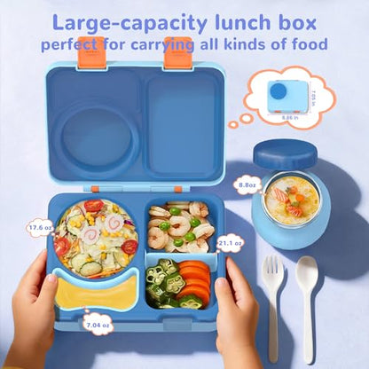 Bento Box for Kids, Leakproof Kids Bento Lunch Box Container with 8oz Insulated Thermo Food Jar, Sauce Jar, Utensil, DIY Stickers for School Boys Girls, 3-4 Compartments, BPA-Free - color: Blue Orange