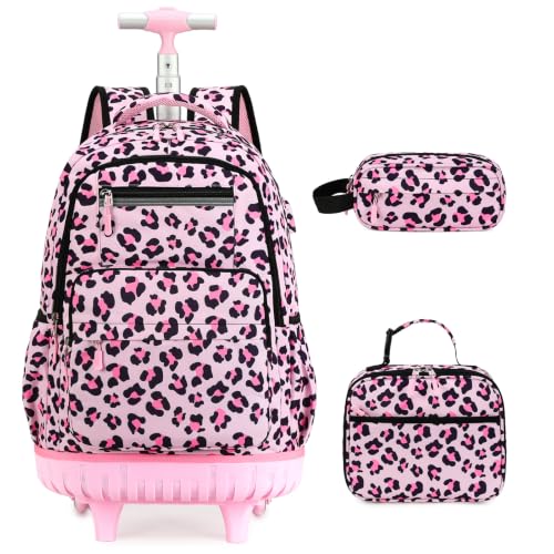 ACESAK Rolling Backpack for Girls - Roller Wheels School bag with Lunch Bag & Pencil Pouch for Teen Girls Kids Wheeled Suitcase Backpacks, Elementary Middle School Travel Daypack (Pink Leopard) - color: Pink Leopard