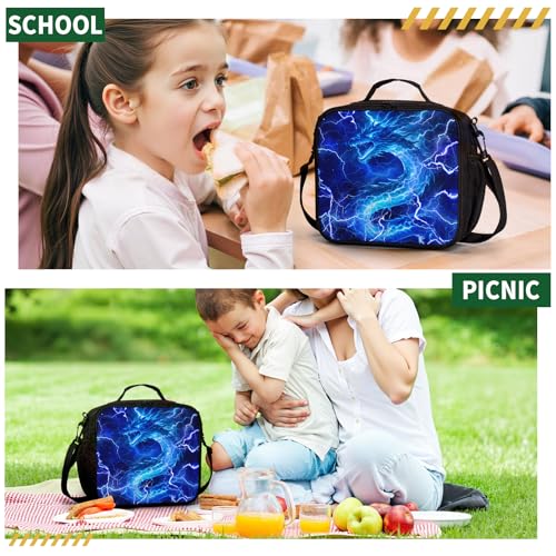 Blue Lightning Dragon Lunch Box for Boys Girls Kids Insulated Lunch Bag Cool Dinosaur Animal Reusable Lunch Cooler Tote Bags Thermal Lunchbags with Side Pocket for Work School Picnic - color: Dragon Blue