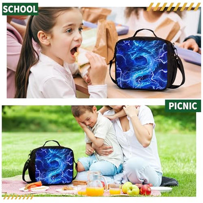 Blue Lightning Dragon Lunch Box for Boys Girls Kids Insulated Lunch Bag Cool Dinosaur Animal Reusable Lunch Cooler Tote Bags Thermal Lunchbags with Side Pocket for Work School Picnic - color: Dragon Blue