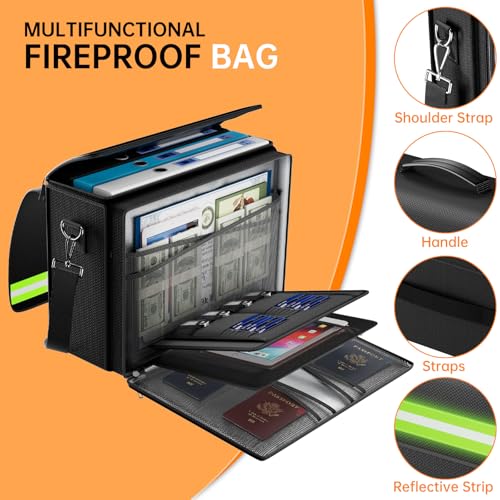 DocSafe 5200°F Large Fireproof＆Wate-Resistant Document Bag with Multiple Pockets,(17”x12.5”x7.2”) File Storage Organizer Important Document Holder - style: 17x12.5x7.2”+green Reflective Strip