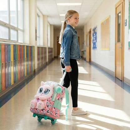 Cute Rolling Backpack for Girls,Lightweight Kids Backpack with Wheels,Wheeled School Bookbag with Pencil Case Lunch Box for Students - color: Pink Fox