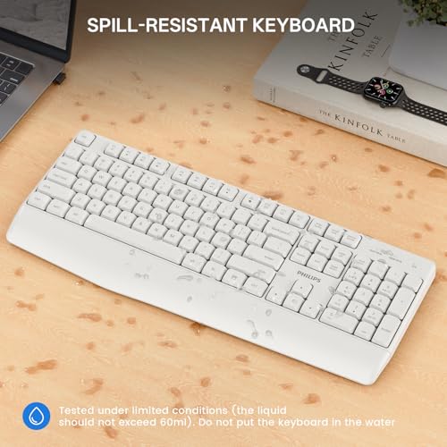 PHILIPS Wireless Keyboard and Mouse Combo-Ergonomic Keyboard and Mouse Wireless Combo with Silent Design,Plug n' Play,Sleep Mode and 2.4GHz Keyboard for Mac, Windows, Laptop-White - color: White