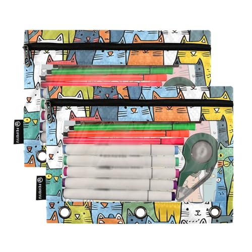 SUABO Seamless Cats Pencil Pouch for 3 Ring Binder, 2 PCS Binder Pencil Pouch with Zipper, Clear Window Zipper Pencil Case Pencil Bags for Office Supplies - color: Cats