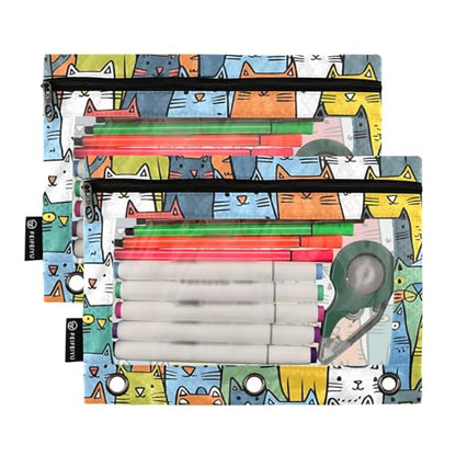 SUABO Seamless Cats Pencil Pouch for 3 Ring Binder, 2 PCS Binder Pencil Pouch with Zipper, Clear Window Zipper Pencil Case Pencil Bags for Office Supplies - color: Cats