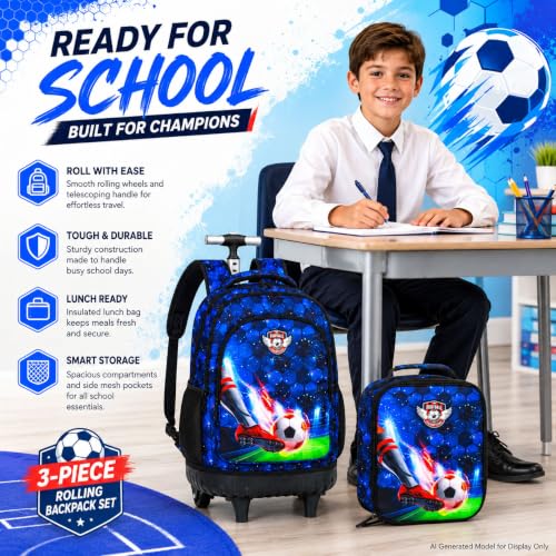 CCJPX 3PCS Rolling Backpack for Boys, 21 Inch Soccer Water Resistant Backpacks with Roller Wheels, Football Wheeled Bookbag for Teens Elementary School Travel-Blue - color: Rolling Soccer Black