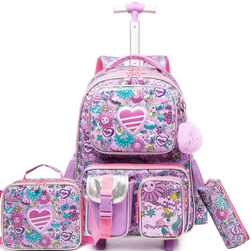 Meetbelify Kids Rolling Backpack with Wheels for Girls Rolling Backpacks with Lunch Box for Elementary School Students 3 in 1 Travel Luggage Suitcase for Girls Age 8-10 - color: Girl 01