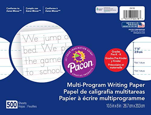 Pacon Multi-Program Handwriting Paper, 10 1/2"X8", Zaner-Bloser (Grade K), 500 Sheets - size: 10 1/2" x 8" (Pack of 1), style: Pre-K & K