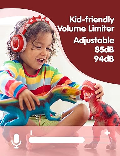 SIMJAR Dinosaur Kids Headphones with Microphone for School, Volume Limiter 85/94dB, Over-Ear Girls Boys Headphone for Kids with Foldable Wired Headphones for iPad/Travel (Red) - color: Red Dinosaur