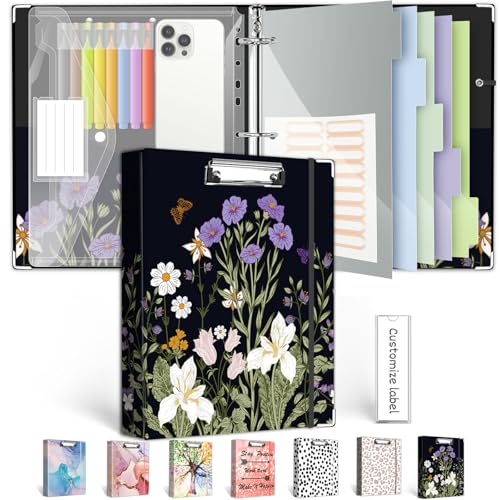 3 Ring Binder 1 Inch, Three Ring Binders Organizer with Clipboard, 5-Tabs Pockets Dividers, Plastic Folder, 18 Divider Stikers, BVSSX Pretty Binder with Pen Loop (Black Weeds, Letter Size) - color: Black Weeds, size: 1in（Letter Size）