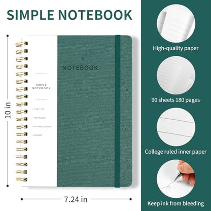Spiral Notebook - 7.24" x 10" College Ruled Journal with Inner Pockets and 180 Pages, PU Leather Cover Business Journal, Twin-Wire Binding Notebook Perfect for Office & Home School Supplies Green - color: 004-Green-1pack, size: B5-180 pages