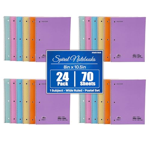 Mintra Office Spiral Notebooks, Wirebound, Journals for School, Work, Business, Aesthetic Stationery, Writing Pads, Teacher & Student Supplies (24, Pastel, Wide) - color: Pastel - Wide Ruled, size: 24pk (4-6pks)