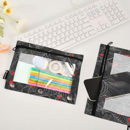 ZAZYXTJ Goth Spider Web Binder Pencil Pouchs 3 Ring | with Zipper Clear Window Office Organizers bag for School Students Teacher Supplies 2 Pack - color: Spider Web