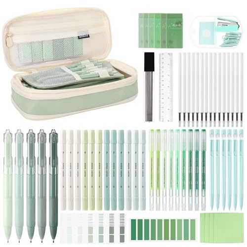 Eersida 74 Pcs Aesthetic School Supplies with Large Pencil Pouch 5 Ink Gel Pens 12 Highlighters 6 Mechanical Pencils 0.5mm 9 Color Pens 4 Note Pads Set for Student Stationary (Green,Nature Style) - color: Green, style: Nature Style