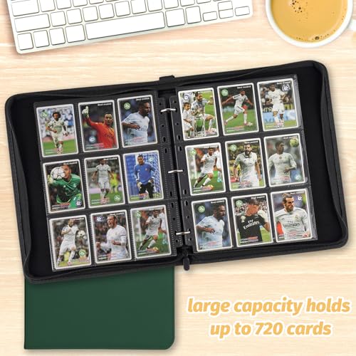 GERMUN 3 Ring 9 Pocket Zipper Card Binder, 720 Double Sided Standard PU Trading Card Album Folder for TCG & Sports Cards, Not Fit Top Loaders (Dark Green) - color: 9 Pocket 720 Dark Green
