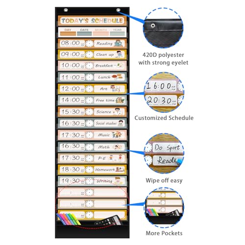 REGELETO Boho 18+1 Pockets Daily Schedule Pocket Chart, 30 pcs Double-Sided Reusable Cards, Scheduling Pocket Chart for Classroom Office Home School Activity(Black) - color: Boho-18 Pockets