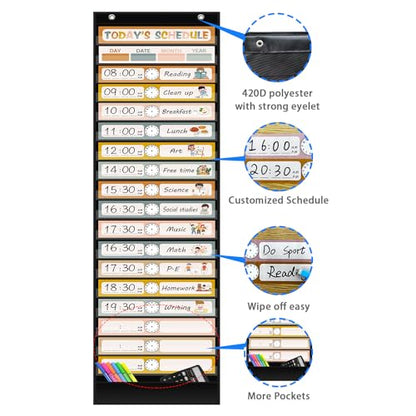 REGELETO Boho 18+1 Pockets Daily Schedule Pocket Chart, 30 pcs Double-Sided Reusable Cards, Scheduling Pocket Chart for Classroom Office Home School Activity(Black) - color: Boho-18 Pockets