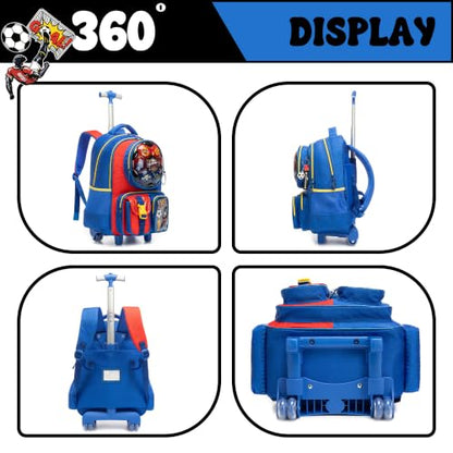 Meetbelify Kids Rolling Backpack with Wheels for Boys Rolling Backpacks with Lunch Box for Elementary School Students 3 in 1 Travel Luggage Suitcase for Boys Age 8-10 - color: Football Blue Red