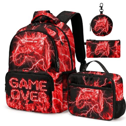 Game Backpack Set for Boys Kids – 17" Large Capacity Gaming School Bag with Lunch Box, Pencil Bag and Coin Purse (Red) - color: Red-1