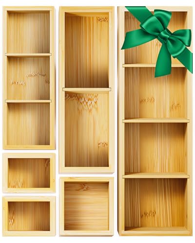 Bamboo Drawer Organizer Set, 6 PCS Desk Drawer Organizer Trays with 12 Compartments, Wood Storage Boxes for Junk Drawer, Kitchen Utensils, Office Supplies, Makeup, Jewelry, Bathroom - size: 12 Compartments