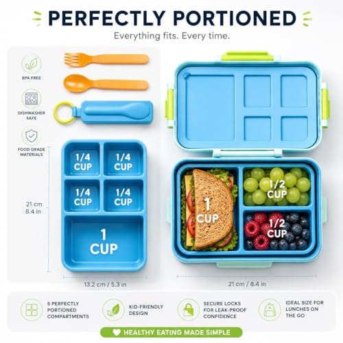 ovve Bento Box for Kids & Cutlery Set – Leakproof Kids Lunch Box, Interchangeable Inserts, BPA-Free, Dishwasher Safe Lunch Containers for School, Preschool, Toddler (Blue) - color: Blue