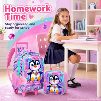 3Pcs Rolling Backpack for Girls, Penguins Kids School Backpacks with Wheels, Roller Bookbag with Lunch Box for Elementary Preschool(Pink) - color: Penguin Pink