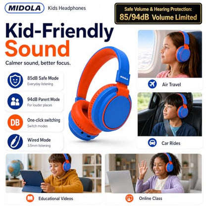 MIDOLA Kids Bluetooth Headphones 68H Play Time,Volume Limit 85/94dB, Foldable Lightweight Wireless Over-Ear Headphone for Toddler Kid Child Pad,Headsets with Aux Built-in Mic Blue - color: Blue