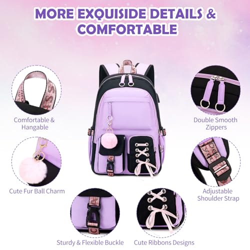ACESAK Kids School Backpack for Girls, 4-In-1 Bookbag Backpack Set with 14OZ Insulated Kids Water Bottle, Lunch Bag Set for Girls Kid Teens Middle School Student, Girl Backpack for Schools - color: Black-purple