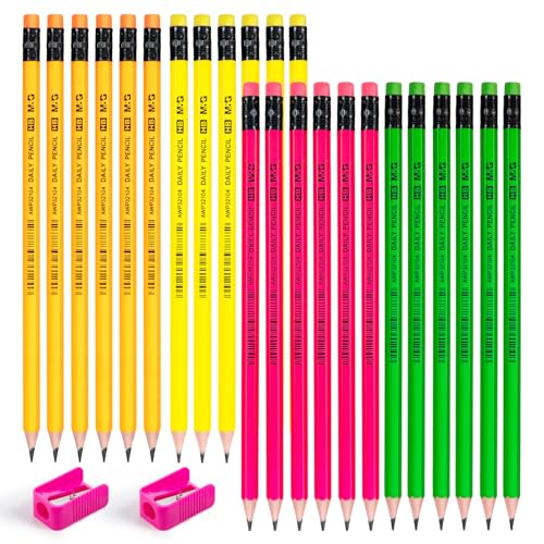 M&G Daily Series 24 Pack HB Pencils, Pre-Sharpened Hexagonal Wood-Cased Pencils with Erasers, 4 Color Barrels, Includes 2 Mini Sharpeners for Writing Drawing and School Office Supplies - color: Daily Series Multicolor, style: HB