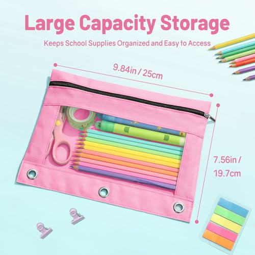 SUNEE Pencil Pouch for 3-Ring Binder, Large Pencil Case with 3 Reinforced Grommets, Zipper Pencil Pouch, Clear Window Pencil Case, Binder Accessories, Light Green - color: Light Green