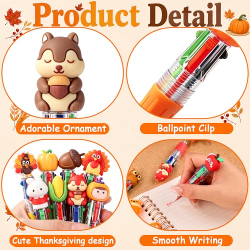 Vellibring 24 Pcs Thanksgiving Pens, Fun Autumn 4-in-1 Maple Leaf Pumpkin Turkey Animal Character MultiColor Pens Fall Harvest Party Favor Classroom Reward Stationery Gift - style: Thanksgiving-24pcs