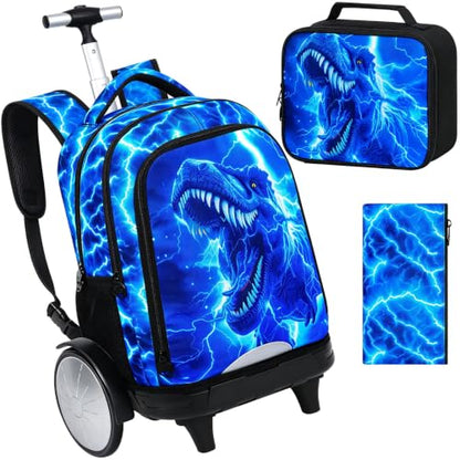 3Pcs Large Rolling Backpack for Boys, 20 Inch Detachable Light Up Wheeled Bookbag with Lunch Box, Durable Lightning Dinosaur Roller Backpack for Elementary Middle School (Blue) - color: Large Wheels Dinosaur Blue