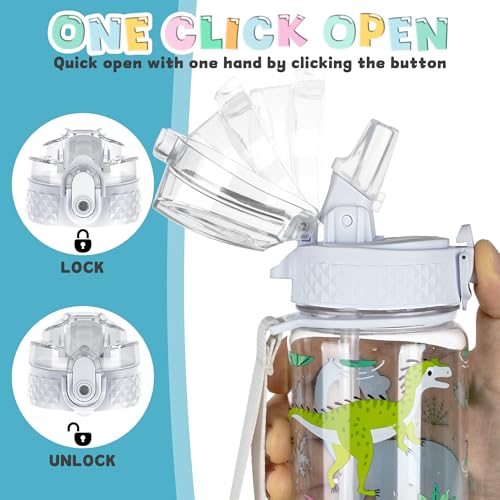 OLDLEY 17oz Kids Water Bottle, Tritan BPA-Free, Leakproof Flip Straw Lid, Motivational Time Marker, Carry Strap, Reusable Clear Water Bottle for Boys & Girls,Dinosaur - color: Dinosaur, style: 17 Ounces