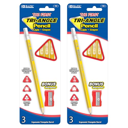 BAZIC PRODUCTS The First Triangle #2 Pencils, Sharpener, 3 Count, 2-Pack | 3.25 mm HB lead, Jumbo triangular barrel, eraser top, bonus sharpener, beginners, preschool, early grades - size: 2-Pack