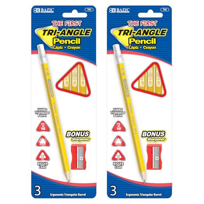 BAZIC PRODUCTS The First Triangle #2 Pencils, Sharpener, 3 Count, 2-Pack | 3.25 mm HB lead, Jumbo triangular barrel, eraser top, bonus sharpener, beginners, preschool, early grades - size: 2-Pack