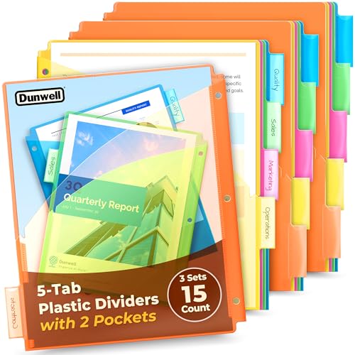 Dunwell Plastic Binder Pocket with 5 Tabs (3 Set, 15 Count), 5-Tab Dividers with 2 Pockets for 3-Ring Binder, Slash Pocket Dividers 3 Hole Punched, 5 Subject Divider Folder, Includes Label Inserts - size: 3 Sets (15 pcs), style: 2 Pockets