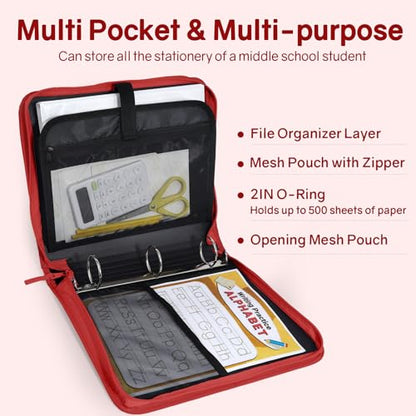SUNEE Zippered Binder Bag with Handle, 2-Inch 3-Ring O-Ring, 500-Sheet Capacity, Includes Zip Pocket, 5-Tab Expanding File Folder, Multi-Pocket Organizer Binder for Middle School, Bright Red - color: Bright Red