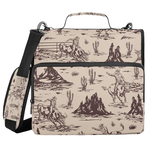 Fisyme Western American Cowboy Zipper Binder 3 Ring with Zipper and Shoulder Strap Large Capacity Multi-Pocket Zipper Binder Organizer - color: Multi-beige