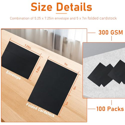 Guakicae 100 packs Black Note Cards and Envelopes 5 x 7, 300GSM Blank Folded Cardstock and Printable A7 Envelopes Self Seal for Wedding Invitations, Greeting Cards, Mailing, Festival Blessings - color: Black, size: 5x7-100pcs