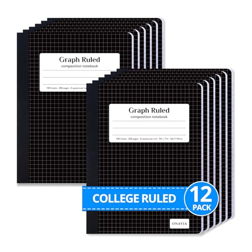ONAVIA Graph Composition Notebook Bulk 12 Pack, 4x4 Grid, 200 Pages, Black | 100 Sheets, 9.75 x 7.5 in, 12 Pack Grid Notebooks, Graph Paper Notebook, Math Notebook, Classroom, Engineering - size: 12 Pack