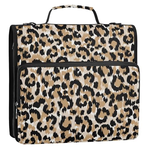Boccsty Faux Leopard Skin Pattern Zipper Binder Black Brown Spots 3 Ring Binders Expanding File Folder Multi-Pocket Zipper Binder Organizer for School Shoulder Strap and Handle - color: Multicolored 33