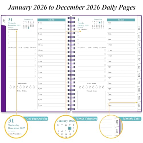 Daily Planner 2026 Full Page Per Day- 2026 Daily & Monthly Planner from January 2026 to December 2026, Day Planner 2026 with 12 Months Tabs, 6.4" x 8,5", Purple - color: Purple, size: 6.4" x 8.5"