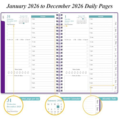 Daily Planner 2026 Full Page Per Day- 2026 Daily & Monthly Planner from January 2026 to December 2026, Day Planner 2026 with 12 Months Tabs, 6.4" x 8,5", Purple - color: Purple, size: 6.4" x 8.5"