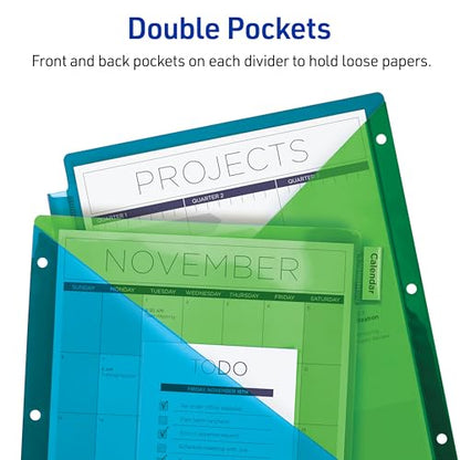Avery Insertable 8 Tabs Two-Pocket Plastic Divider for 3 Ring Binders | 3 Sets of Durable Binder Dividers with 8 Colors Tabs & Pocket, Works with Sheet Protectors