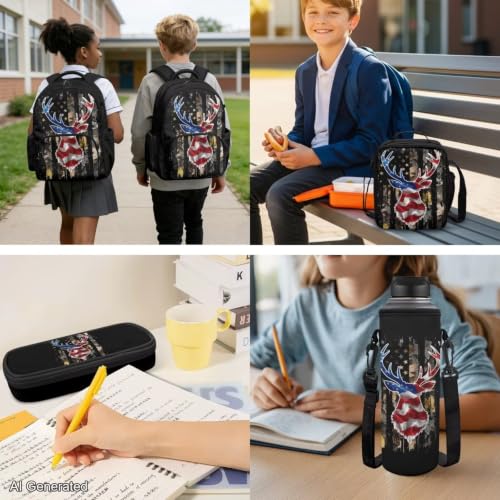 Deer American Flag Boys Camo Backpack with Lunch Box and Pencil Case Water Bottle Pouch 4PCS Set Bookbag with Front Pocket for School Teens 17 inch School Bag for Back to School Season - color: Deer American Flag Camo