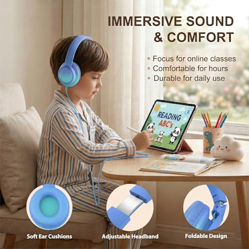 Kids Headphones Wired with Microphone, 85/94dB Volume Limit, 3.5mm Jack & USB-C Adapter, Foldable Over Ear Headset for School, Tablet, iPad, Laptop, Travel(Sky Blue) - color: Gradient Sky Blue & Teal